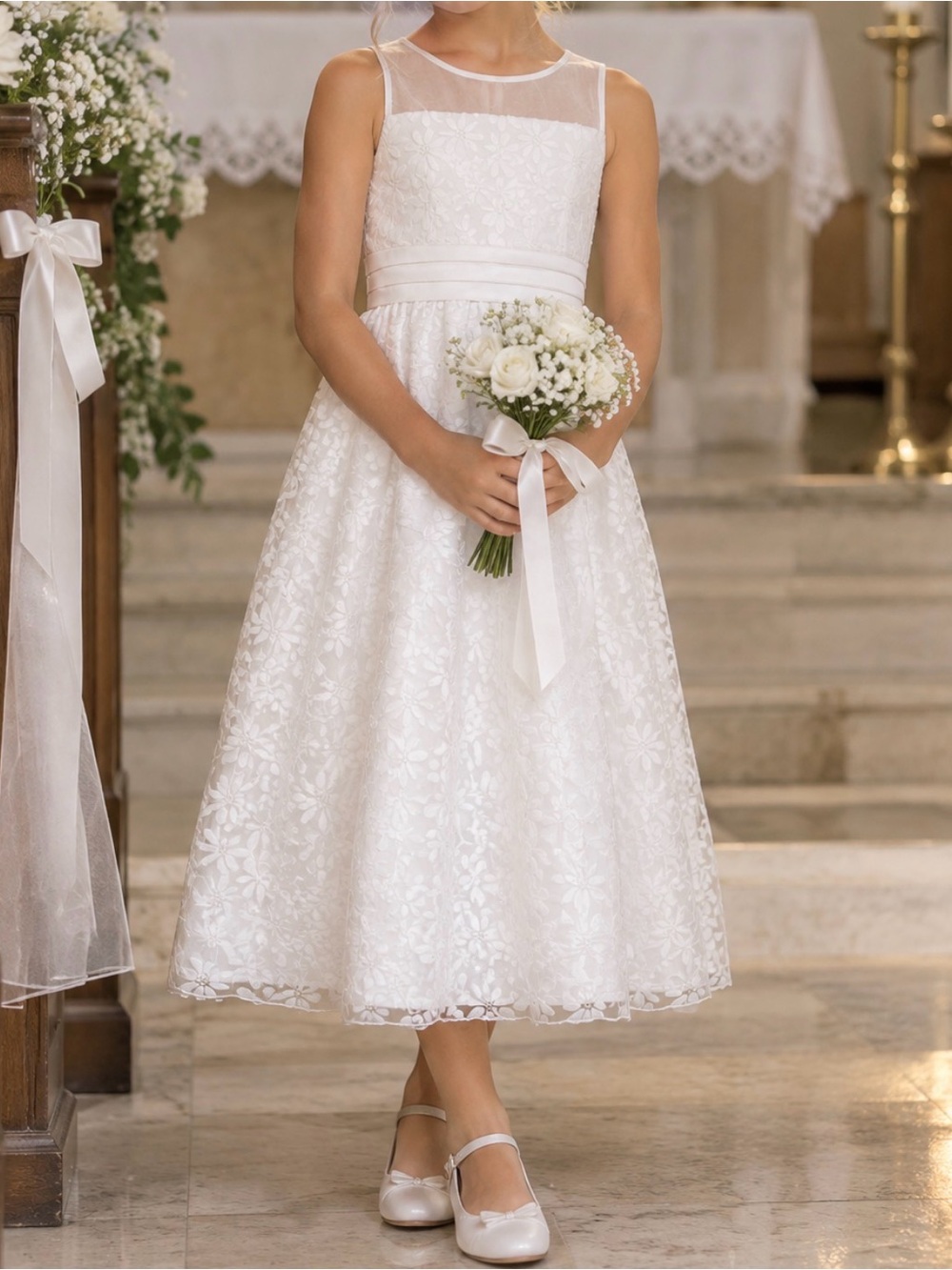 American Princess White Floral Lace Formal Dress with Sheer Yoke